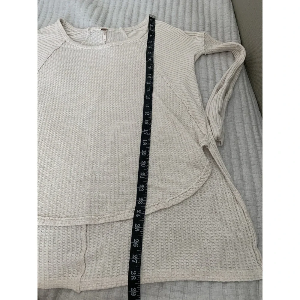 Free People‎ Sz S Ventura Pullover Beige Thermal Waffle Loose Cozy Soft Lounge